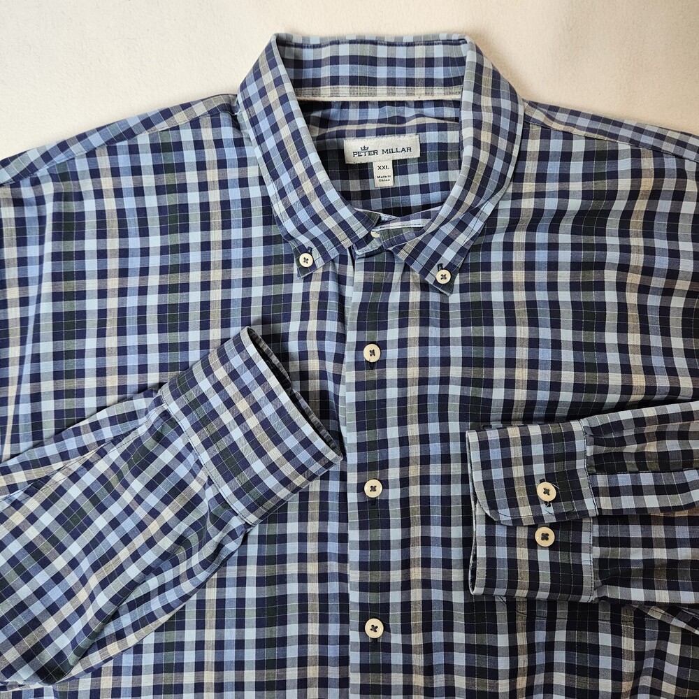 Peter Millar Mens 2XL Button Down Dress Shirt Baker Island Blue Multi Gingham